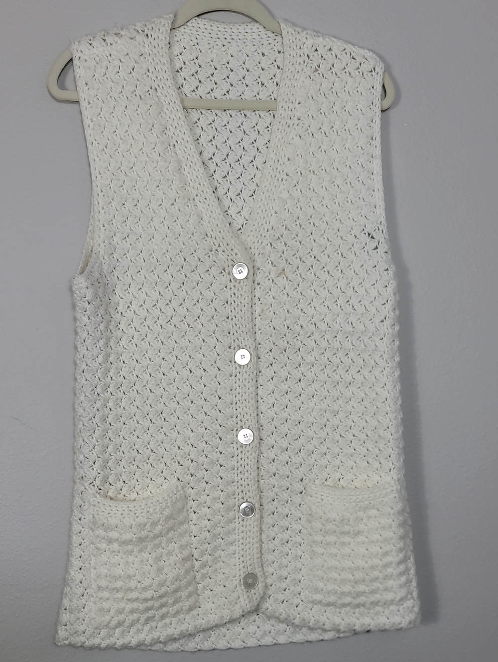 Vintage Handmade Knit Sweater Vest Ivory Button Up
